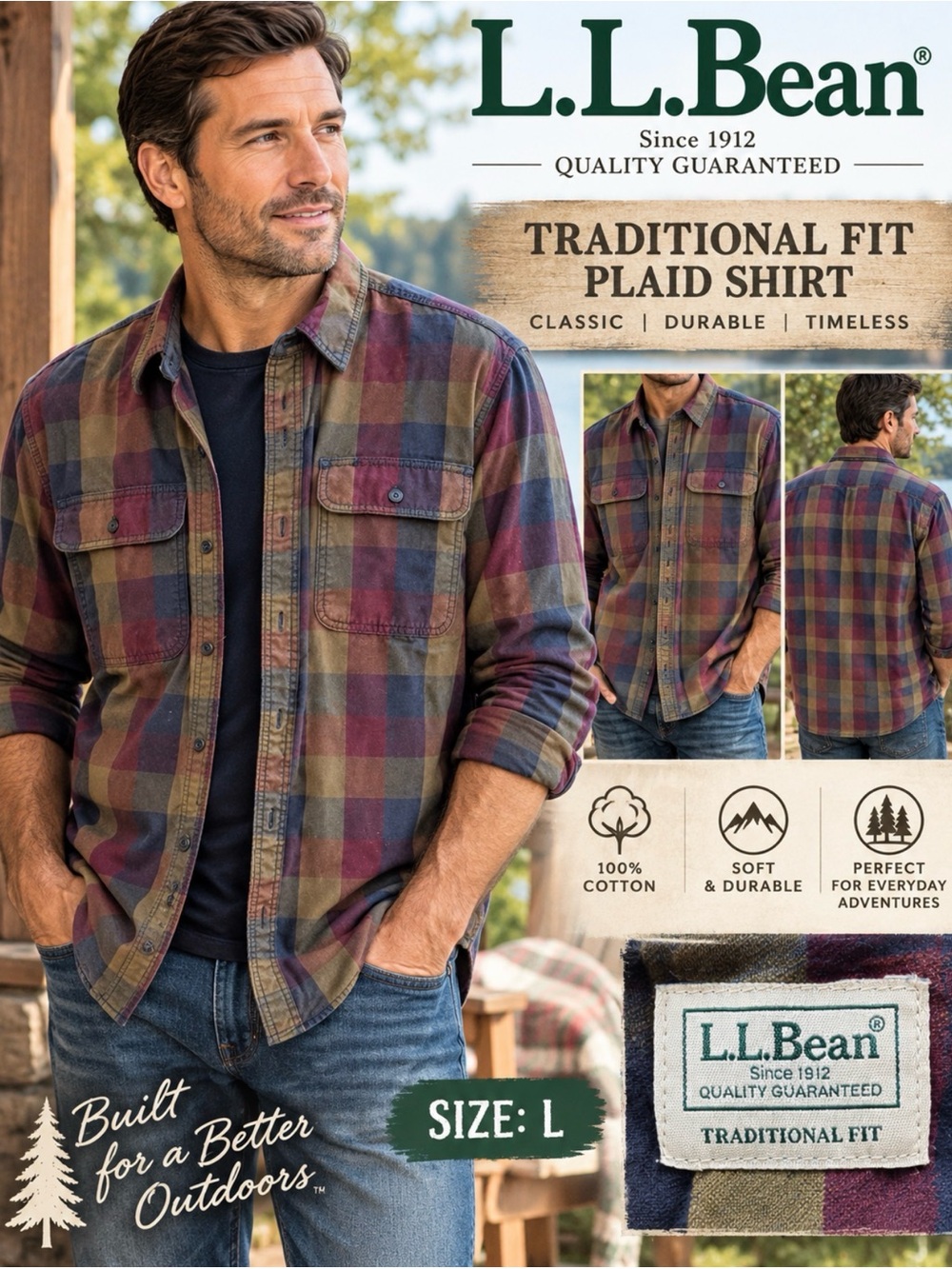 L.L. Bean Men's Traditional Fit Plaid Shirt Jacket in Olive, Burgundy & Navy